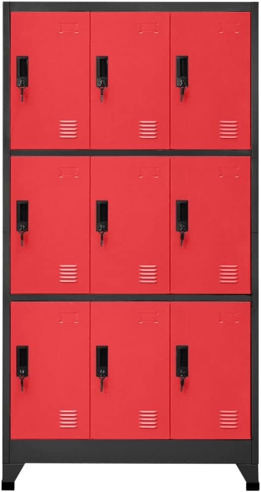 Industrial Cabinet Lockers, 9 Locker Cabinet Anthracite Red Steel Large Storage Unit with Lockable Doors for Secure Organization