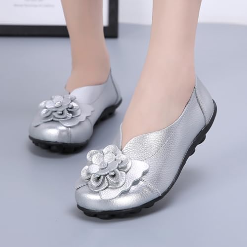 Image of Women's Leather Slip On Loafers,Vintage Handmade Cute Bow Flower Comfy Non-Slip Softsole Walking Casual Dress Pumps