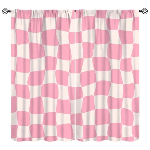 FengMingRui Retro Boho Hippy Curtains Groovy Pink Twisted Checkered Funky Modern Geometric Rod Pocket Blackout Window Treatment for Kitchen Kids Girls Woman Bedroom Decor 42