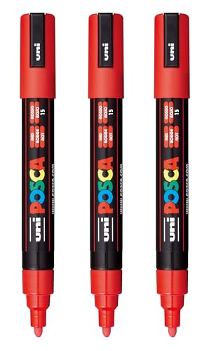 Image of posca PC-5M Water-Based Paint Markers, Reversible Medium Tip (1.8-2.5mm), Red, 3 Count