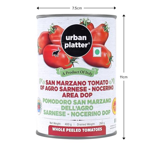 urban platter San Marzano Whole Peeled Tomatoes in Tomato Juice, Drained Weight 260 g, DOP, Tomates Pelles Dans Le Jus, Product of Italy, Red, 400 g