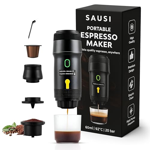 SAUSI Cafetera Portatil 3 en 1 - Batería USB Recargable con Limpiador, Compatible con Cápsulas Nespresso, Dolce Gusto y Café Molido - Ideal para Coche, Oficina, Viajes y Camping