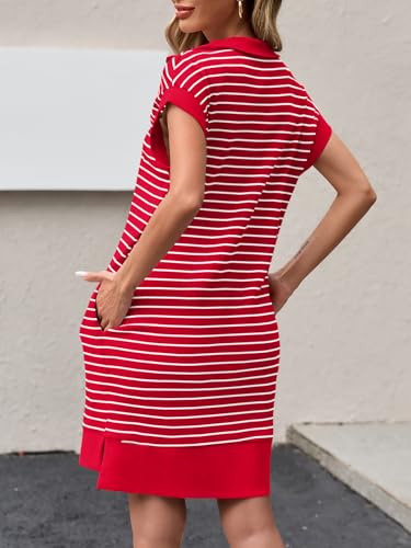 Image of Wenrine Womens Striped Mini Dress Casual Zipper Cap Sleeve Collared V Neck Loose Knit Summer Dresses