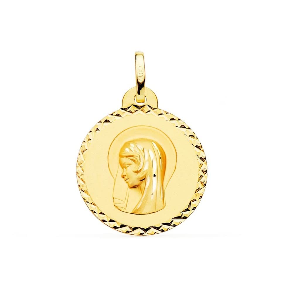 Virgen María medalla oro 18k Primera Comunión colgante 20mm. lineas talladas cruzadas borde