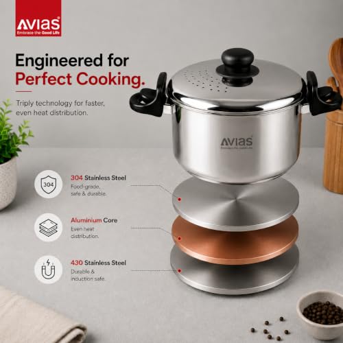 Image of AVIAS Stainless Steel Rice /Pasta Strainer Pot 3L with Built-in Strainer and Locking Lid | Triply Bottom | for Rice, Pasta, Noodles, SOYA & Vegetables | Induction & Gas Compatible