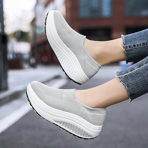 Image of Women's Knitted Platform Slip On Walking Sneakers,Comfort Lightweight Arch Support Non Slip Casual Mesh Breathable Workout Work Shoes