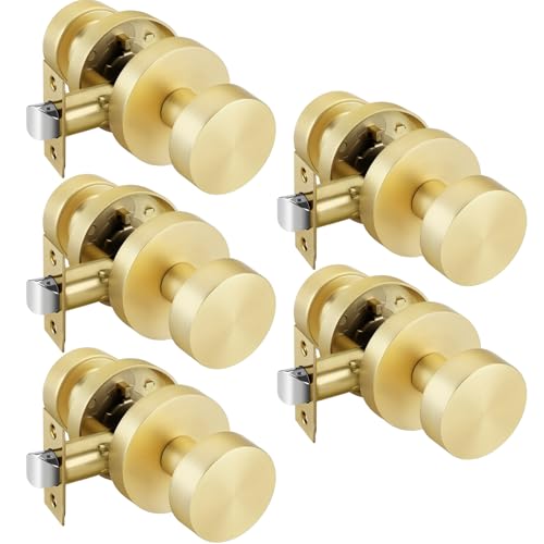 Goldenwarm Gold Door Knobs Passage, Zinc Alloy Keyless Brushed Gold Door Knobs Interior for Hallway & Closet & Living Room, Non-Locking Function, Adjustable & Reversible (5 Pack)
