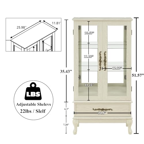 Image of 51 inch H Lighted Curio Cabinet Display Case, Glass Curio Cabinet with Adjustable Shelves,Tempered Glass Door and Drawer, Wooden Cabinets w /Mirrored Back Pane for Living Room (Antique White)