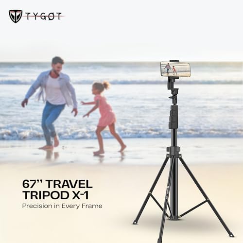 Image of Tygot X-1 67 Inch (170cm) Aluminium Tripod with Bluetooth Remote, Mobile Holder, Phone Stand for Ring Light, GoPro & Camera, Light Stand for Video Recording, Shooting, Streaming, Reels, YouTube
