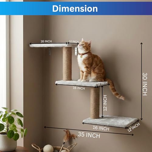 Image of Wall-Mounted Cat Climber, Multi-Level Cat Tree with Jute Scratching Posts, Grey Plush Platforms, Space-Saving Corner Design (30X35X14 INCH) FURR-158 (Grey)