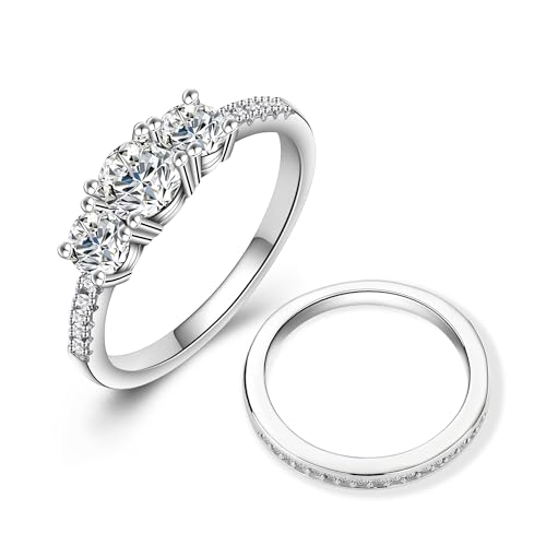3 Stone 1.1 Carat Moissanite Engagement Ring Set with Wedding Band, 925 Sterling Silver Set Stacking Rings for Women2