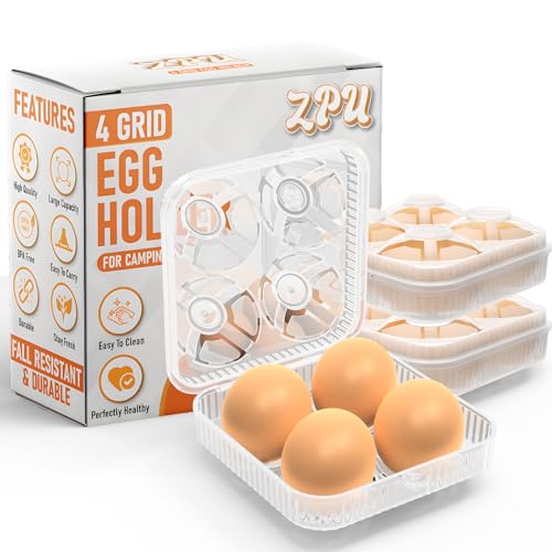 ZPU Egg Holder Camping, 1Pcs 4 Grid Egg Container, Plastic Egg Carrier for Camping Picnic Travel Outdoor Refrigerator Kitchen, Clear White