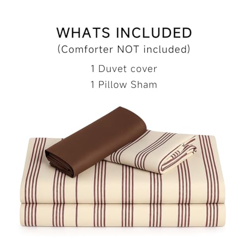 Image of Duvet Cover Set Twin Size,Brown White Striped Patterned Bedding Set for Girls Boys,Modern Soft Breathable Microfiber Comforter Cover 2 Pieces with Zipper Closure and 1 Pillow Sham