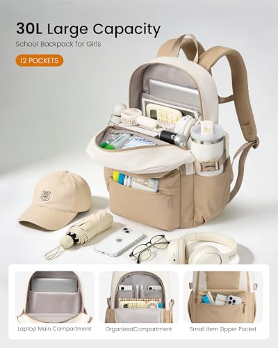 LOVEVOOK School Backpack for Teen Girls & Women, 35L Large Laptop Backpack with 40oz Water Bottle Pocket, Waterproof Cute College Bookbag, Student Backpack for Middle High School Travel Work Khaki — view 2