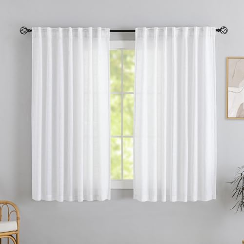 DONREN White Linen Back Tab Curtains 64 Inches Long 2 Panels for Sitting Room -Modern Cottagecore Pocket Semi Sheer Privacy Drapes Hooks Belt Pleated Light Filtering Curtains W52 x L64