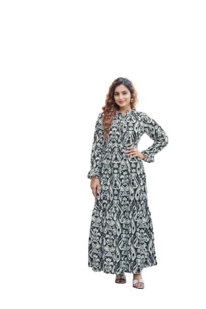 sarinku Black Cotton Fabric No Transparency Frill Pattern Ikhat Print Bishop Sleeves with Elastic Cuffs Gown-picture-26