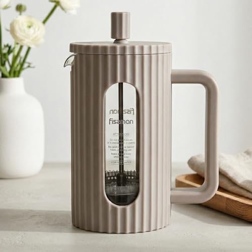 Fissman French Press Coffee and Tea Maker 600mL, Heat Resistant Thickened Borosilicate Glass Stainless Steel Coffee and Tea Press, Hot and Cold Brew Coffee French Press (Beige)