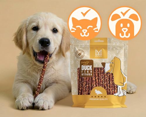 MERSJO Hundeleckerli - 83% Hoher Fleischanteil, Keine Zusatzstoffe, Getreide- und Zuckerfrei, Leckereien für Hunde zur täglichen Ergänzung, Natürliche Kauhilfe, Ente und Reis Kabanos, 500g