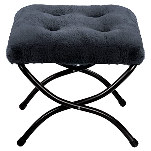HollyHOME Reposapies Plegable Salon Taburete con Patas Metal Pequeño Reposapies Sofa Otomano Plegable Jardin Balcon, Peluche Gris Oscuro