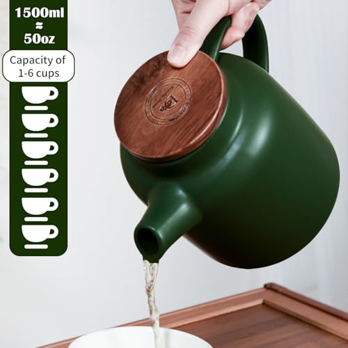 Image of Yundu 1500ml / 50 oz Ceramic Teapot with Infuser & Wood Lid - Matte Green, Loose Leaf Tea Pot with Removable Strainer, Large Capacity
