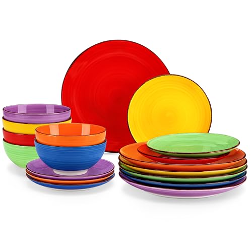 vancasso Serie BONITA Vajillas Completas 6 Personas, Platos Vajilla 18 Piezas, Pintados a Mano, Vajilla Moderna de Colores - Platos Llano, Platos de Postre y Cuencos de Cereales, Apto para Microondas