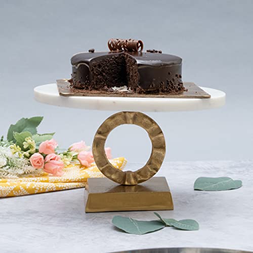 Marble Footed Pedestal Cake Stand With An Accented Gold Design By Gute - Dessert Fruit Serving Plate, Off-White Modern & Elegant Dessert Table Appetizer Round Cake Decor Weddings 10X6 (Ring Shape) #TOP3