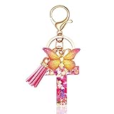 JINGUAZI Initial letter Keychains for Women Tassel Butterfly Pink Cute Car Keychain for Wallet Purses Backpack (Pink T)