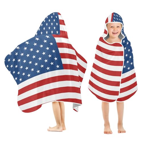 DOMIKING American USA Flag Hooded Beach Towel for Kids Quick Dry Bath Towels Soft Towel Wrap for Boys Girls Toddlers 50x23.5in