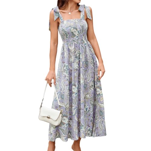 Image of BROVAVE Women Summer Floral Dress: Casual Square Neck Flowy Boho Beach Midi Sundress Sleeveless Tie Shoulder Vacation Daily
