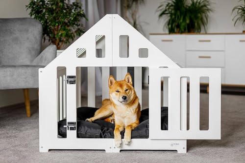 Pet World Design Hundehütte aus Holz, Hundekäfig Verschließbar, Tierhaus, Hundelaufstall, Hundehaus, Haustierbox, Hund, Katze, Indoor, Weiß