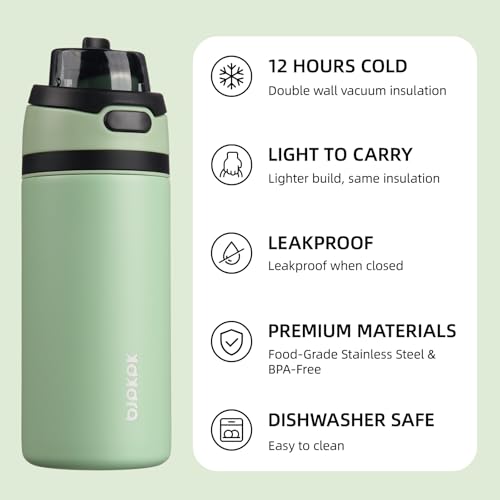 Image of BJPKPK 17oz Insulated Water Bottle with Straw Lid & Handle, Stainless Steel | Leak-Proof 2-in-1 Straw & Spout Lid, BPA-Free Vacuum Insulated Bottle Fits Cup Holders for Gym, Office, Travel & Outdoor
