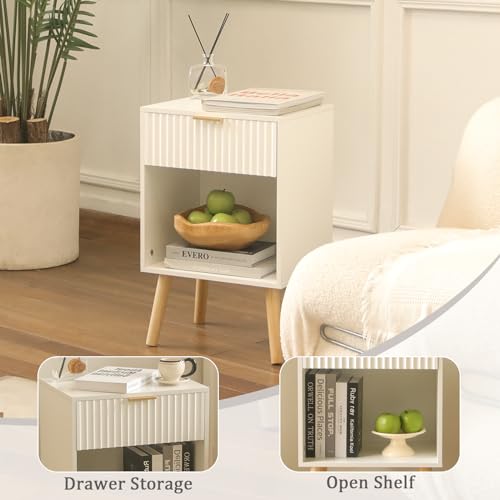 Image of Fultyle White Nightstand, Modern Bedside Table with Drawer and Open Storage, Fluted End Side Table Living Room with Solid Wood Legs for Bedroom (White)