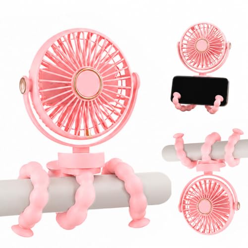 ACTOYS Ventilador Portátil para Cochecito,Rotación de 360° y 3 velocidades,Ventilador USB de Trípode Silencioso Multifunción para Cochecitos, Acampadas, Sillas de Coche y Oficinas (Rosa)