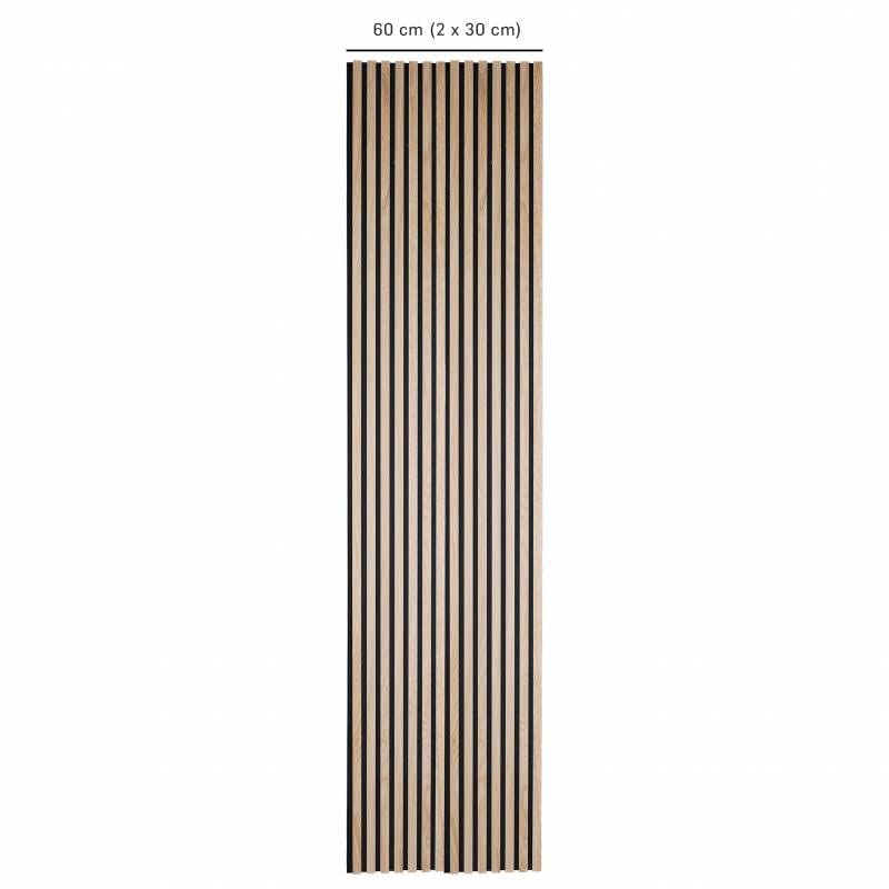 DECOON - Lot de 2 Panneaux tasseaux bois décor chêne clair - Isolation acoustique & design moderne - Fond noir, idéal mur TV & bureau - Pose facile - 250 x 30 x 1,9 cm (1,5 m²)