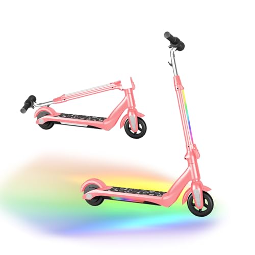 Urbanvoy Patinete Eléctrico Infantil 6.5″ Plegable, 3 Velocidades, Autonomía 3-5km, Altura Regulable, Pantalla LED y Luces Neón, Adecuado para Niños 6-12 Años (Rosa)