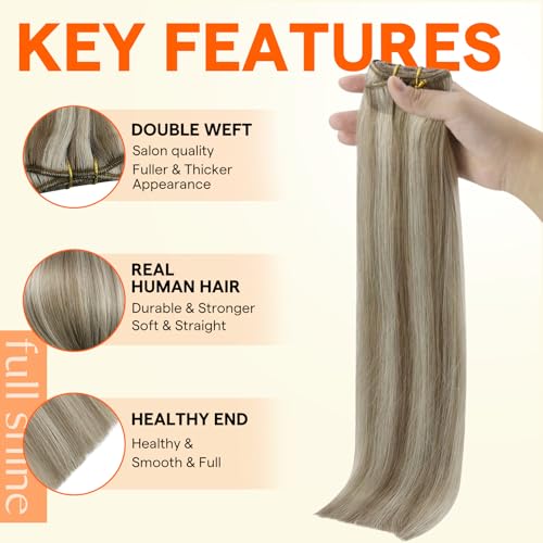Image of Full Shine Sew In Weft Hair Extensions 14 Inch 100G Ash Brown Mix Blonde | Sew In Extensions, Ash Brown Highlight platinum Blonde, Remy Straight Real Hair, Add Volume, Everyday Wear For Women