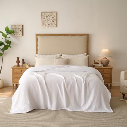 Cotton Muslin Blankets for Adults — Lightweight Breathable Cotton Gauze Blanket for Bed Couch & Layering, Soft Airy Throw for All Season Comfort, Cozy Textured Bedding Blanket, Full/Queen, White