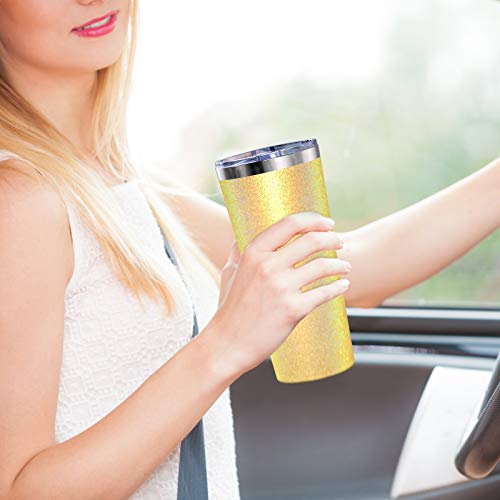 22oz Tumbler with Splash-Proof Lid, Bastwe Stainless Steel Vacuum Insulated Travel Mug Tumbler with Straw, Double Wall Coffee Mug, Thermal Cup for Hiking, Camping & Traveling (Lemon Yellow Glitter)