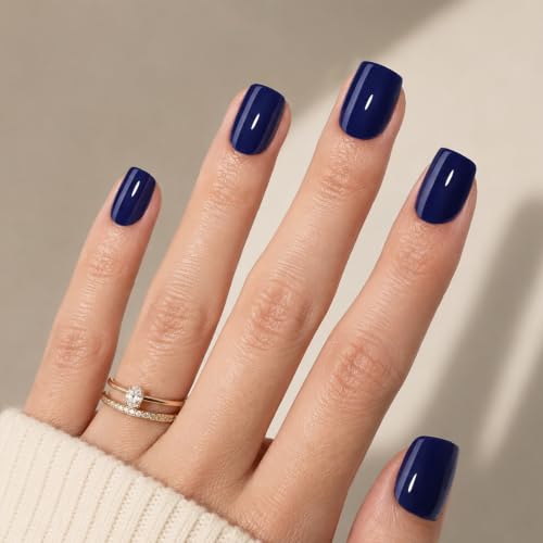 Herlight Navy Blue Press On Nails, Short Square Glossy Fake
