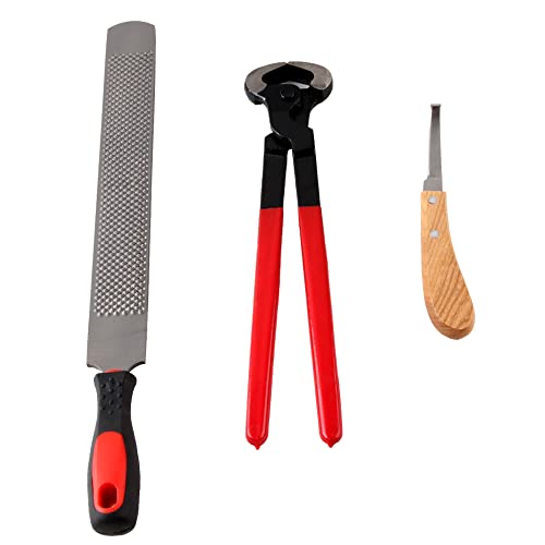 3Pcs Horse Farrier Hoof Trim Tool Kit, Double Sided Hoof Rasp Hoof Clipper Hoof Knife Horse Hoof Care Horse Equine Metal Shears Farriers Hoof Nipper Cutter Handle Knife Stable Supplies
