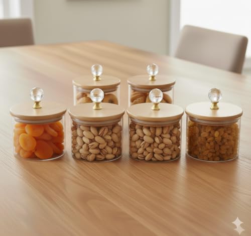 Image of Diwali Serving Dry Fruit, 6 pcs Glass Container Serving Tray Set | 600 ML Each Premium Design Air-Tight Lid Snack Organizer Tray Copper Stand Wooden Lid jar Silver