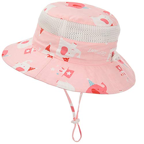 Baby Girls Sun Hat Adjustable Toddler Summer Beach Bucket Hat Kids Fishing UPF 50+ Wide Brim Mesh Sun Protection Hat(Elephant,48cm)