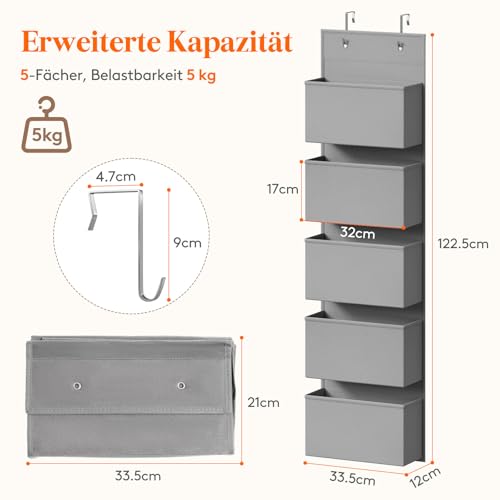 Lifewit 5 Taschen Hängeaufbewahrung, Tür Organizer, Hängeregal Lagerung für Bad, Schlafzimmer, Schlafsaal, 12 x 33.5 x 122.5 cm, Grau