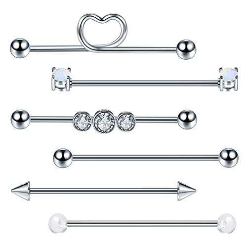 Aumeo 6 unids 14G acero inoxidable Industrial Piercing joyería Industrial Bar Industrial Piercing Industrial Piercing Industrial Barbells Industrial Piercing Kit de cartílago Piercing Acero inoxidable Cover