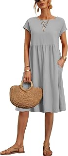 Women's Baggy Round Neck Tunic Dress Summer Casual Short Sleeve Midi Beach Dress with Pockets