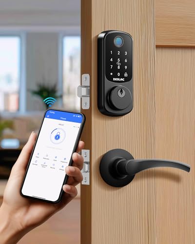 Image of DESLOC B200 Fingerprint Smart Lock with 2 Lever Handles, Keyless Entry Front Door Lock Set, Electronic Keypad Deadbolt, App Control, Auto Lock, Long Battery Life,Matte Black