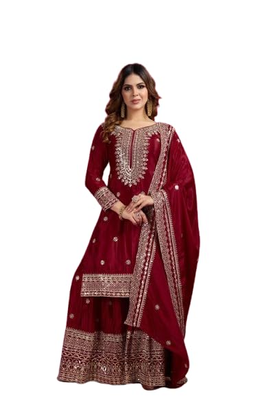 Image of Women's Embroiderd Chinnon Fabric Sharara Top and Dupatta for Women Purple wedding salwar suit readymade