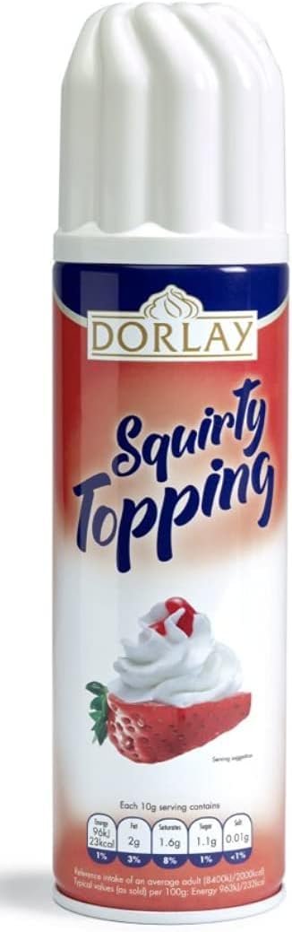 Dorlay Squirty Dessert Topping - Decorative Topping Based on Skimmed Milk and Vegetable Fat- UHT Sterilised 250gm