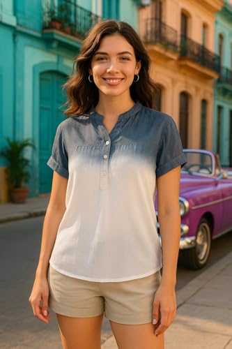 Image of Maaesa Women Navy Blue-White Ombre Rayon Loose Fit Top | Mandarin Collar | Short Sleeves | Lightweight & Breathable Fabric | Casual Wear | Office Wear