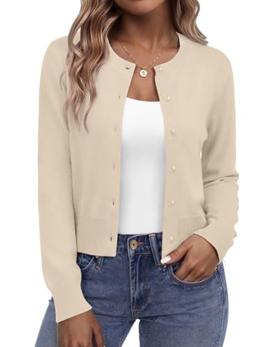 Zeagoo Cream Cardigan for Women Trendy Button Up Crewneck Knit Shrug Sweater Fall Fashion Clothes...